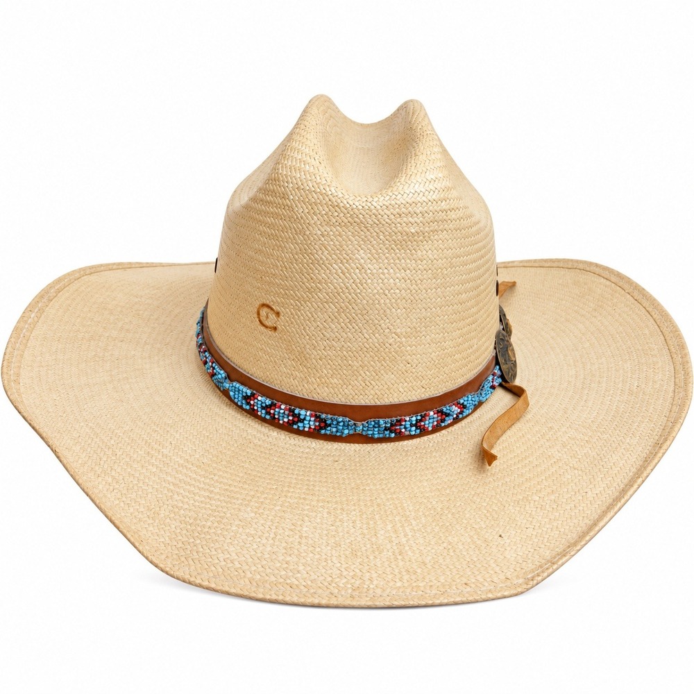 Charlie 1 Horse 6 3/4 Vintage Straw Cowboy Hat Beaded Concho Western Beige